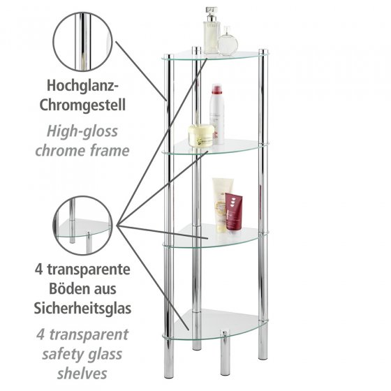 Eckregal Mod. Yago mit 4 Glasablagen, aus Edelstahl und Sicherheitsglas