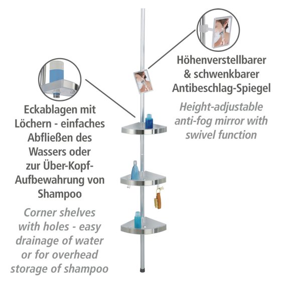 Teleskop Duschecke Premium, mit 3 Ablagen und Spiegel, satiniert 