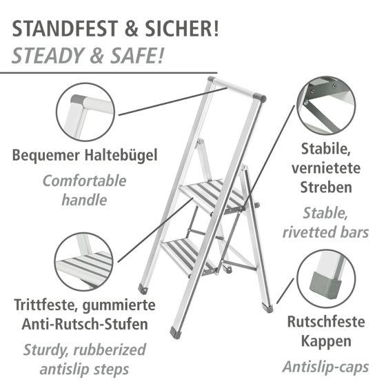 Alu-Design Klapptrittleiter 2-stufig Weiß, rutschsichere XXL-Stufen 