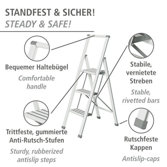 Alu-Design Klapptrittleiter 3-stufig Weiß, rutschsichere XXL-Stufen 