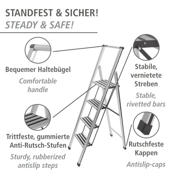 Alu-Design Klapptrittleiter 4-stufig Silber, rutschsichere XXL-Stufen 