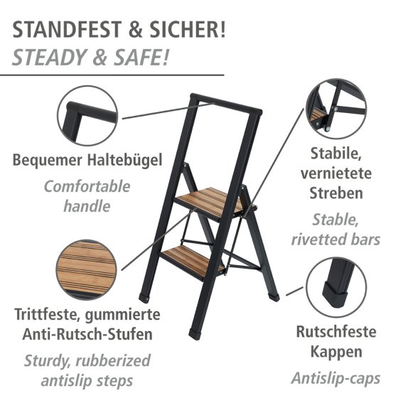 Alu-Design Klapptrittleiter 2-stufig Schwarz, rutschsichere XXL-Stufen 