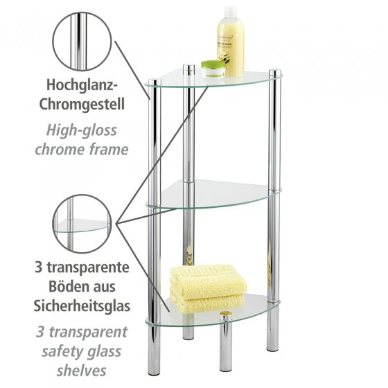 Eckregal Mod. Yago mit 3 Glasablagen, aus Edelstahl und Sicherheitsglas