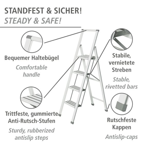 Alu-Design Klapptrittleiter 4-stufig Weiß, rutschsichere Stufen 