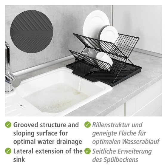 Abtropfmatte Mod. Nelia mit Abtropfgestell, Schwarz, mit geneigter Fläche für optimalen Wasserablauf 