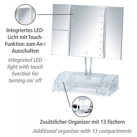 LED-Standspiegel mit Organizer Mod. Fanano, Leuchtspiegel mit 2-/3-fach Vergrößerung