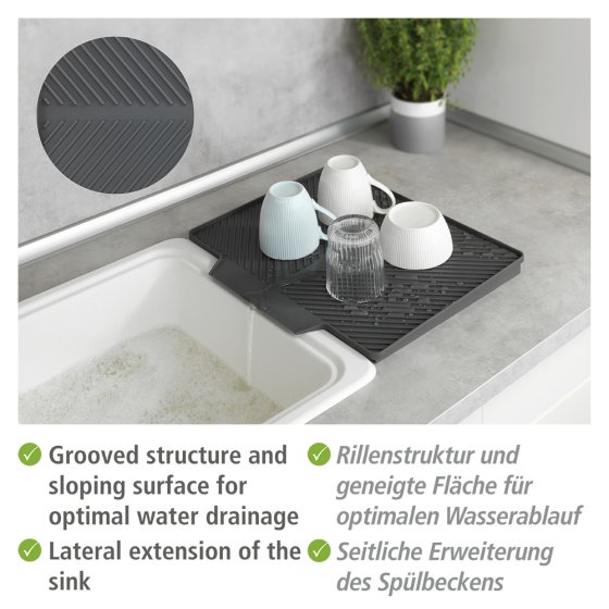 Abtropfmatte Mod. Nelia, Grau, mit geneigter Fläche für optimalen Wasserablauf 