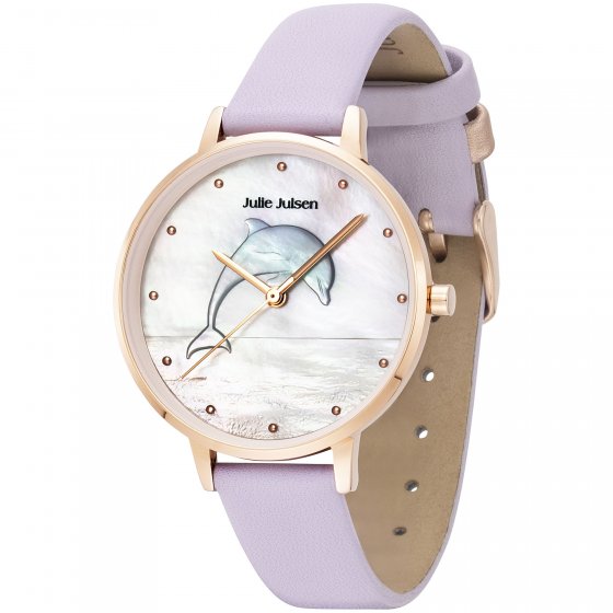 Damenuhr Edelstahl roséfarben Lederband lila Delfin 