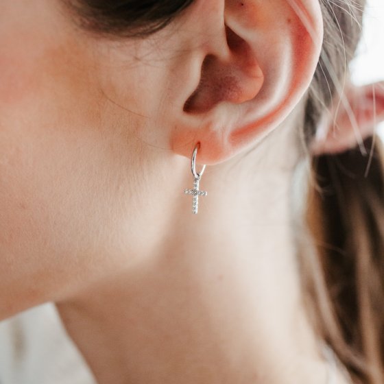 Creolen 925/- Sterling Silber rhodiniert Einhänger Kreuz 