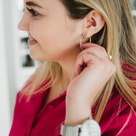 Klappcreolen 925/- Sterling Silber vergoldet Zirkonia 30 mm 