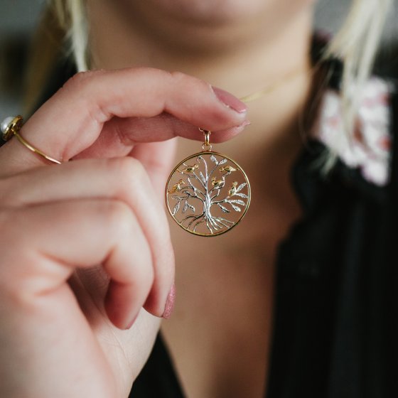 Anhänger mit Kette 925/- Sterling Silber rhodiniert teils vergoldet Lebensbaum 