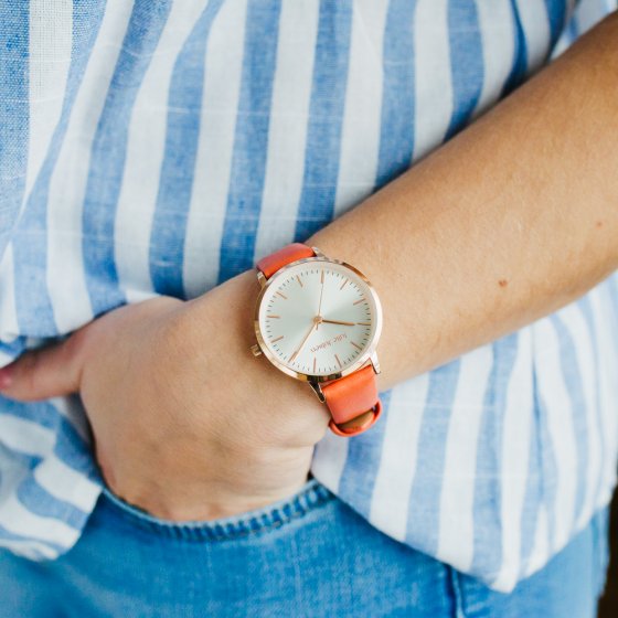 Damenuhr Edelstahl roséfarben Lederband orange Basic Line 