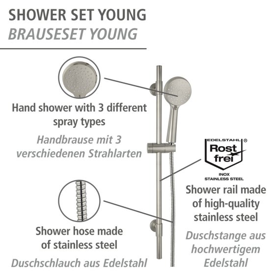 Brauseset Mod. Young Edelstahl gebürstet, Länge Stange: 66 cm 