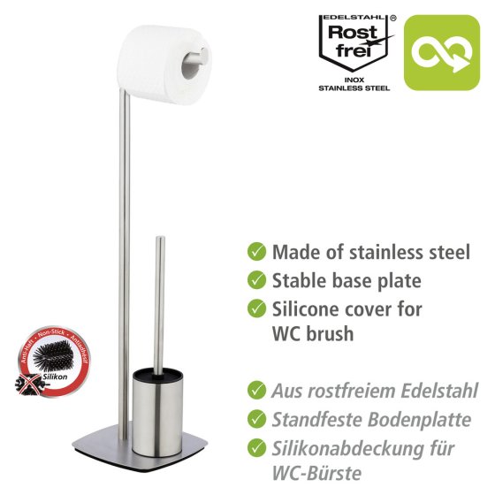 Stand WC-Garnitur Mod. Iria, Edelstahl matt, mit WC-Papierrollenhalter und WC-Bürste 