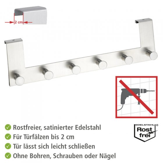 Türgarderobe Edelstahl Mod. Celano, 6 Haken, für Türfalzstärken bis 2 cm