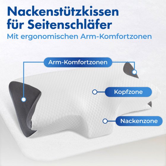 Seitenschläfer-Nackenstützkissen Mod. Visco, Seitenschläfer Kopfkissen mit Arm-Komfortzone 