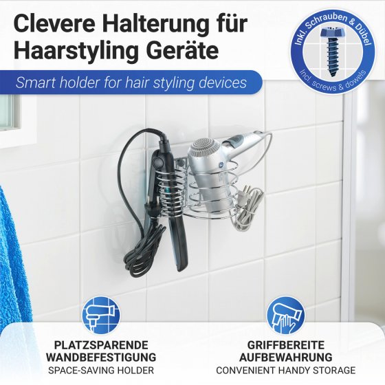 Haartrocknerhalter und Glätteisenhalter Mod. Milano, mit Kabelhalter, zur Wandmontage 