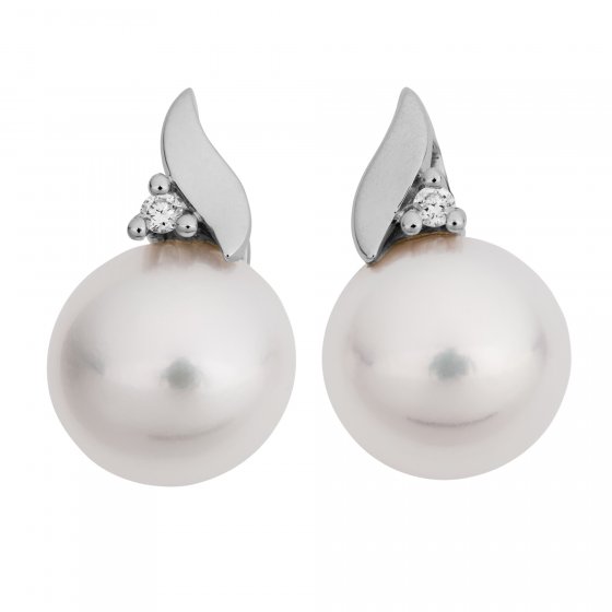 Ohrringe Gold 585 mit 2 weißen Perlen 7,5-8mm und 2 Brillanten zus. 0,02ct. 