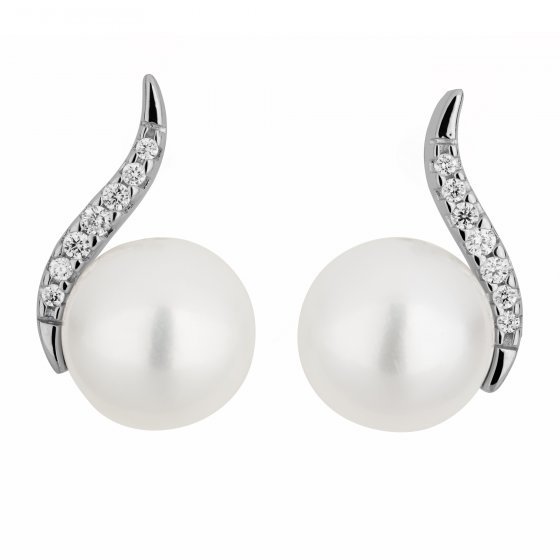 Ohrringe Gold 585 mit 2 weißen Perlen und 14x Brillant zus. 0,08ct. 