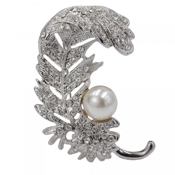 Brosche Metall Feder Glasstein Perle weiß 