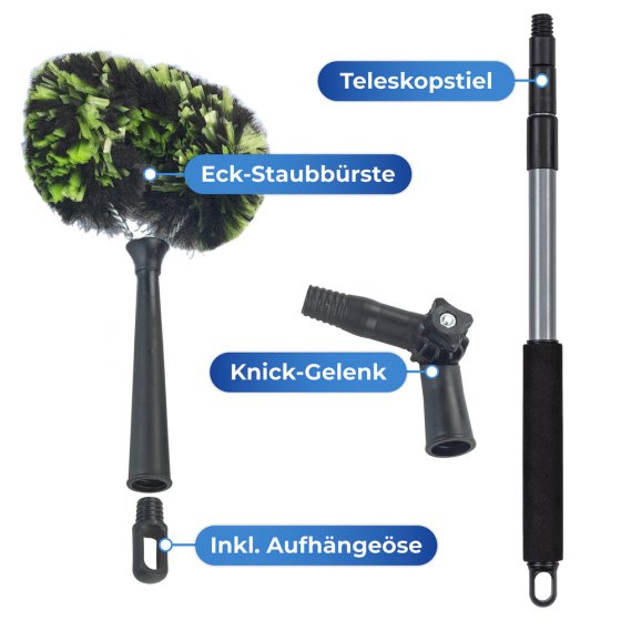 Eck-Staubbürste mit Knickgelenk und Teleskop-Stiel, Trocken-, und Nassreinigung 