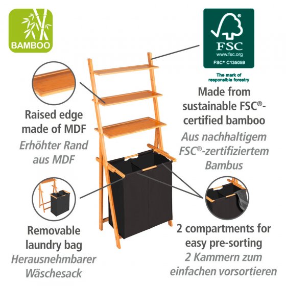 Leiterregal mit Wäschesammler Mod. Ecori, Textilien aus 100 % recyceltem Polyester 