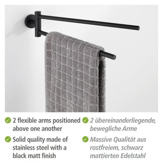 Handtuchhalter Mod. Bosio 2-armig inkl. Kleber, Schwarz matt, Befestigen ohne bohren - Power-Loc® 