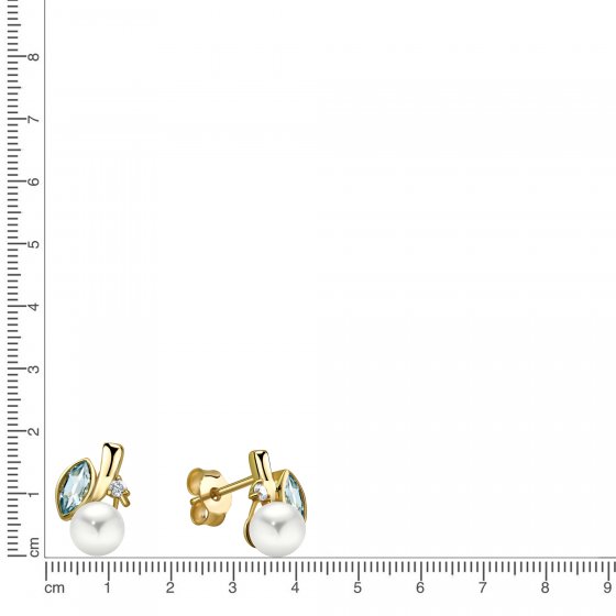 Ohrringe Gold 375 mit weißer Perle 6,5mm, echtem Blautopas (beh.) und Zirkonia weiß 