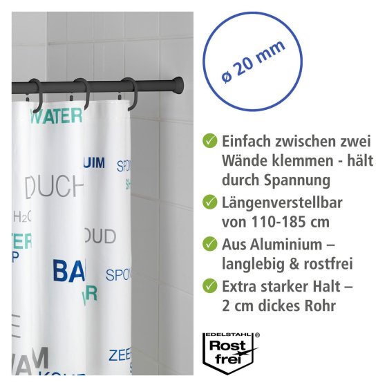 Teleskop-Duschstange Schwarz 110 - 185 cm, aus rostfreiem Aluminium 
