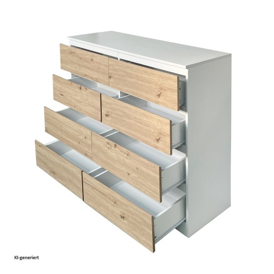 Moderne Kommode mit 8 grifflosen Schubladen Weiß-Artisaneiche 