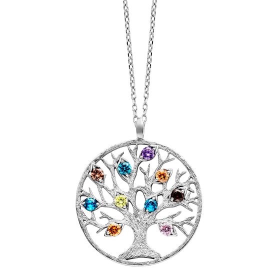 Anhänger mit Kette 925 Silber rhodiniert Lebensbaum Zirkonia bunt 