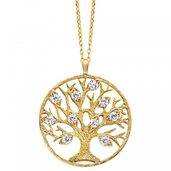 Anhänger mit Kette 925 Silber vergoldet Lebensbaum Zirkonia weiß 