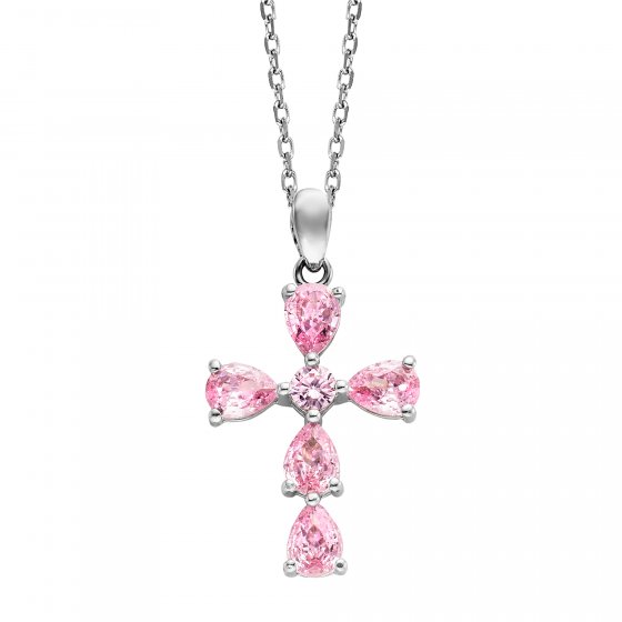 Anhänger mit Kette 925 Silber rhodiniert Kreuz Zirkonia rosa 