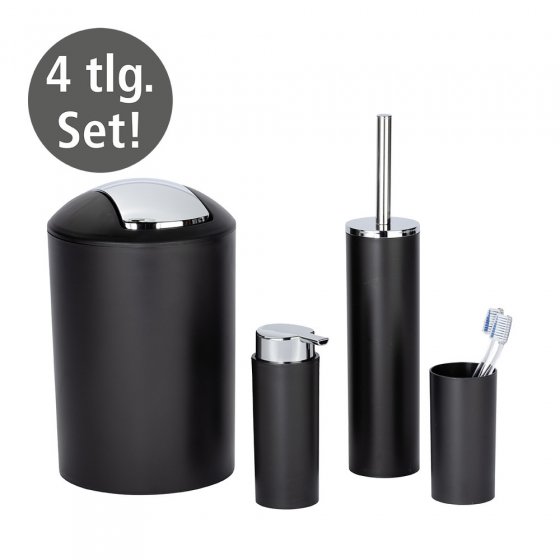 Badezimmer Set Mod. Calvo schwarz matt, 4 tlg., Seifenspender, Zahnputzbecher, Toilettenbürste & Kosmetikeimer 