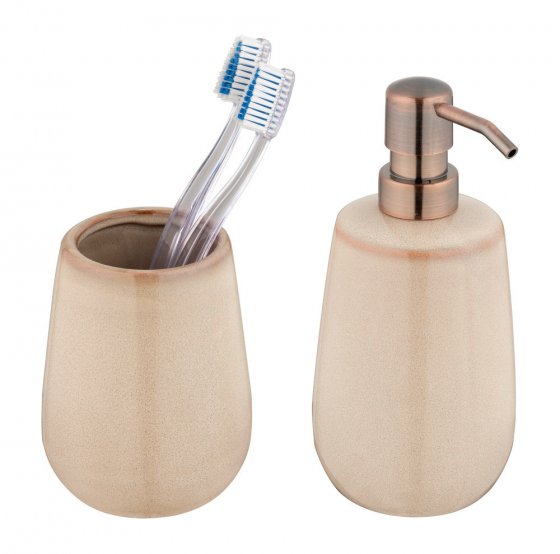 Bad-Accessoire Set Mod. Sirmione, beige, Keramik, 2-teilig, aus Keramik, kupferfarbene Details 