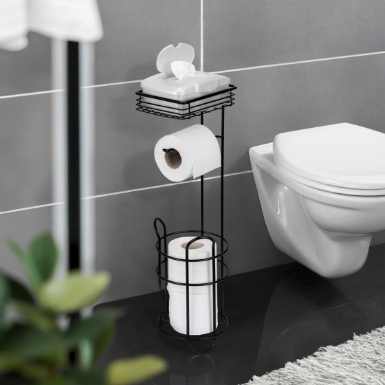 Toilettenpapierhalter mit Ersatzrollenhalter, Schwarz, mit Ablage 