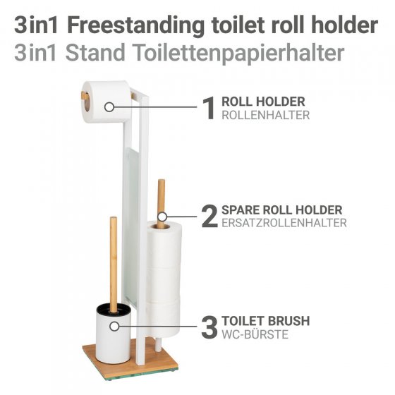 Stand WC-Garnitur Mod. Rivalta, bambus/weiß, Sicherheitsglas, 18x70x23 cm, mit Toilettenpapierhalter und Ersatzrollenhalter 