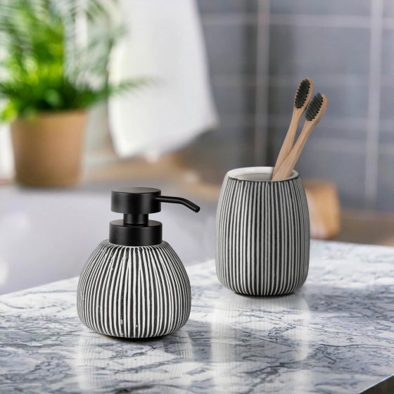 Seifenspender Set Mod. Pascoli, schwarz/weiß, Keramik, 0.5L, streifenmuster, modernes design 