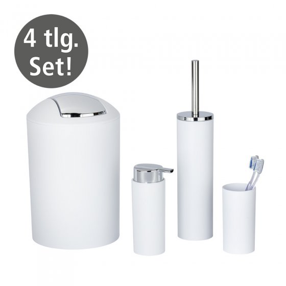 Bad Accessoire Set Mod. Calvo weiß matt, 4 tlg., Seifenspender, Zahnputzbecher, Toilettenbürste & Kosmetikeimer 