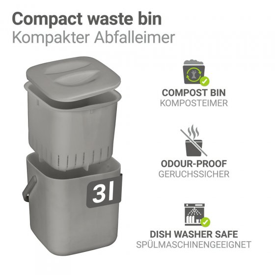 Abfallsammler Mod. Conny, grau, Kunststoff, 3L, 18x18x19 cm, herausnehmbares Sieb, spülmaschinengeeignet 