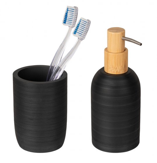Bad-Accessoire Set Mod. Altavalle, schwarz, Polyresin, Bambus, Ø 18,5 x 8 cm, freistehend, inklusive Zahnputzbecher 