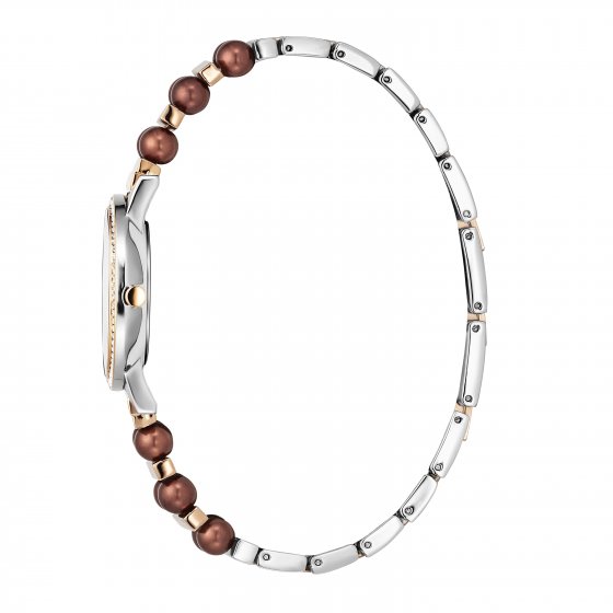 Damenuhr Edelstahl bicolor mit synth. Perlen braun 