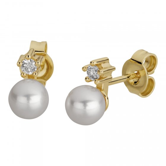 Ohrringe Gold 585 mit 2 echten Brillanten zus. 0,10ct. und weißen Perlen 5mm 