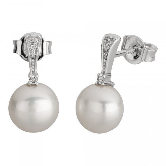Ohrringe Gold 585 mit 2 weißen Perlen und 12 Brillanten zus. 0,07ct. 