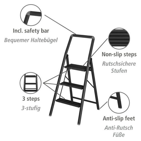 Alu-Klapptrittleiter Compact 3-stufig Schwarz, leichte & rutschfeste Haushaltsleiter, Sicherheits-Stehleiter 