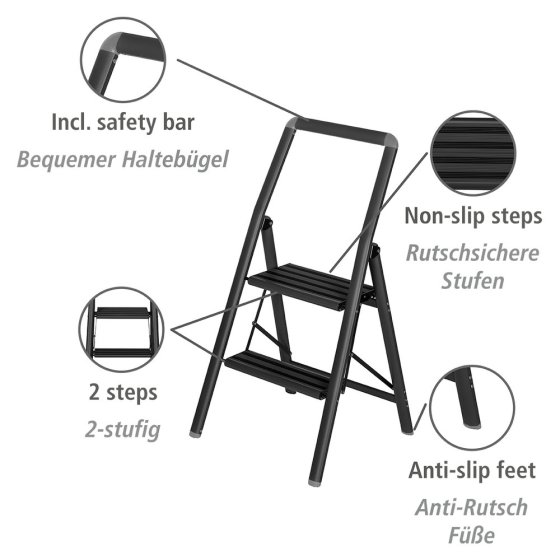 Alu-Klapptrittleiter Compact 2-stufig Schwarz, leichte & rutschfeste Haushaltsleiter, Sicherheits-Stehleiter 
