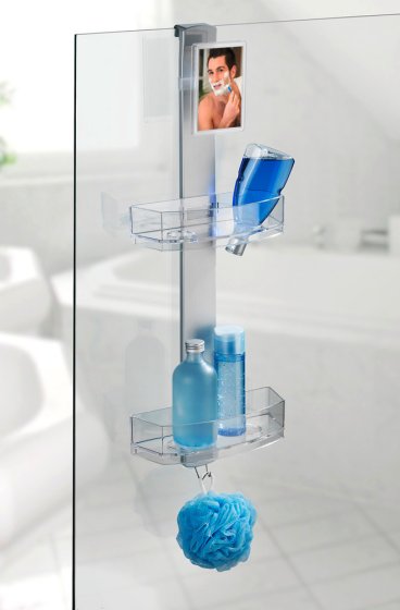 Duschcaddy Premium mit Antibeschlagspiegel, mit 2 Ablagen und Edelstahl-Haken 