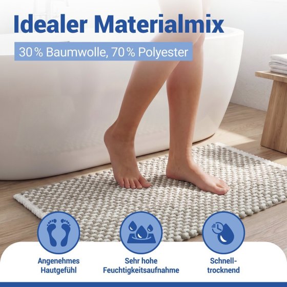 Badteppich Mod. Covelo Weiß-Beige, 50 x 80 cm, rutschfest und waschbar bis 30 °C 