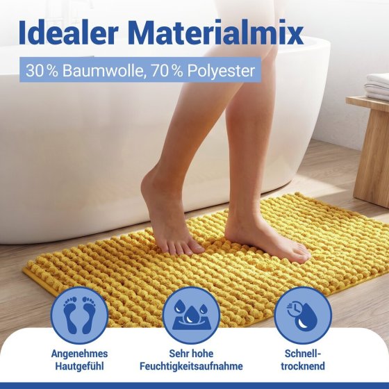 Badteppich Mod. Solivo Senfgelb, 50 x 80 cm, rutschfest und waschbar bis 30 °C 