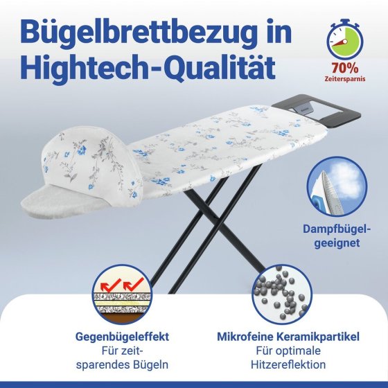 Bügelbrettbezug Mod. Keramik M, Floral, passend bis 131 x 45 cm, bis zu 70 % Zeitersparnis 